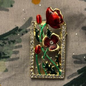 Poppy Red and Gold Brooch/Pendant  with Rhinestones